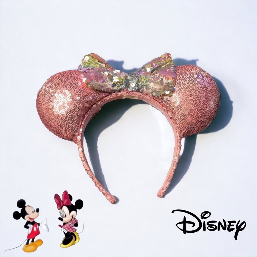 Disney Pink Sequin Minnie Mouse Ears with multi color mermaid sequin bow
